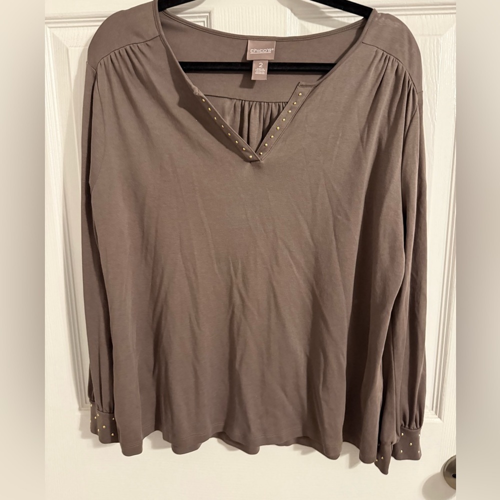 Chico's Taupe Blouse with Gold Studs